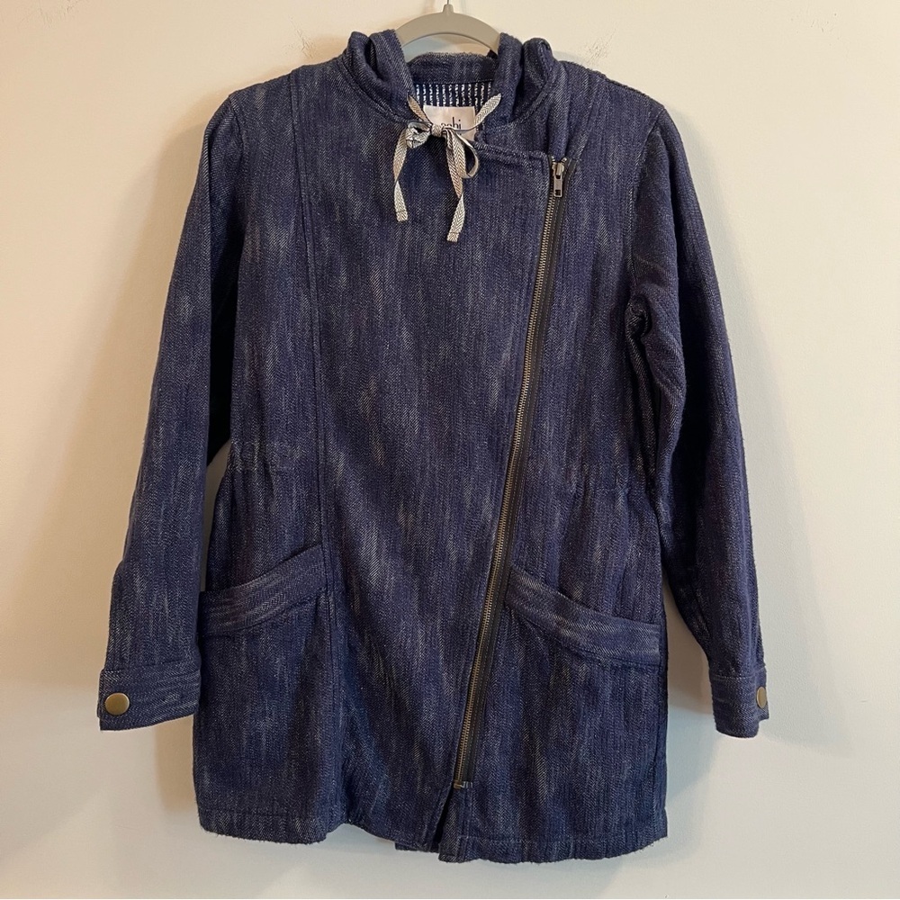 Women’s CAbi dark chambray zip up moto style hooded jacket size XS